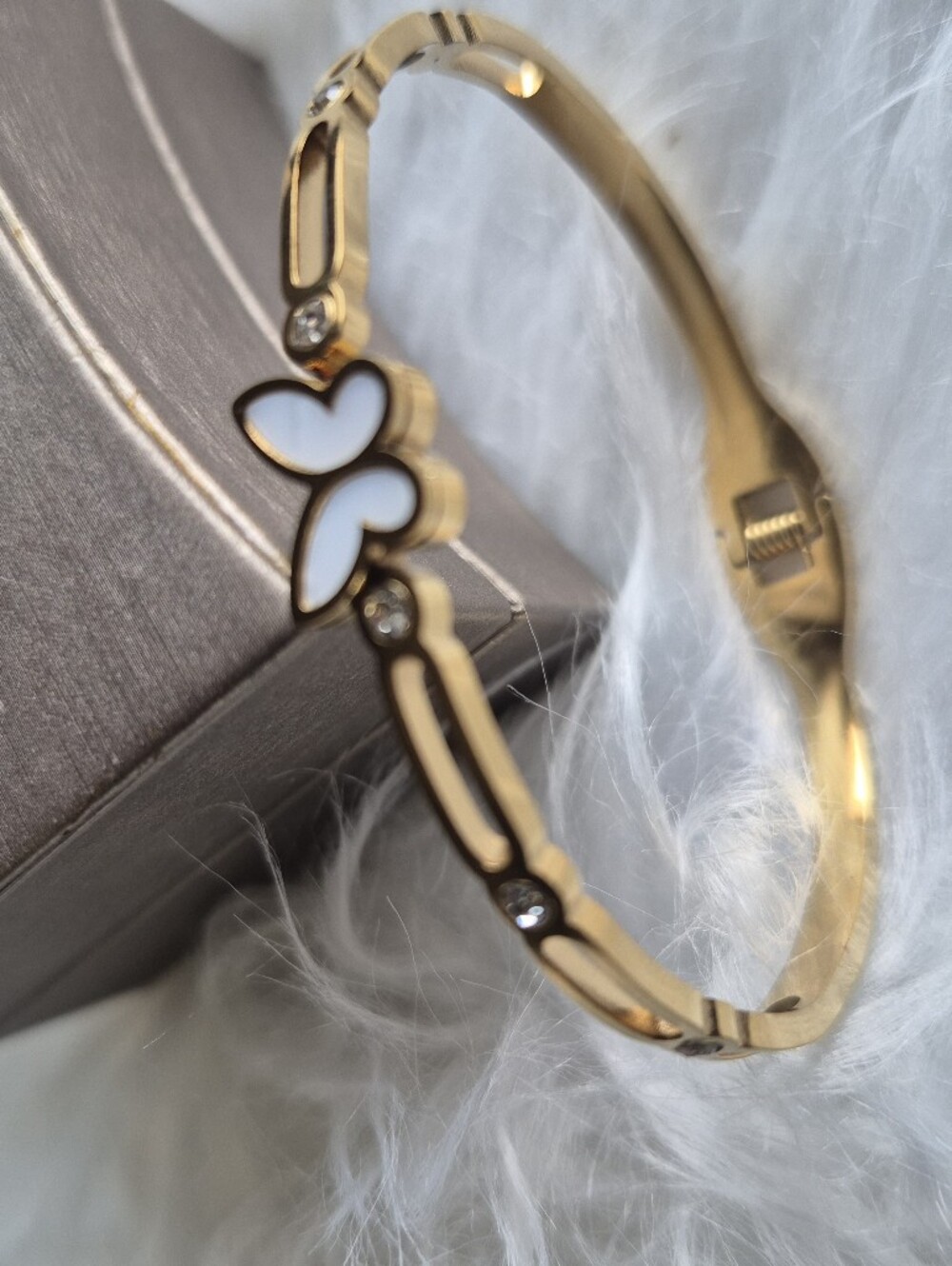 Gold Heart Accent Bangle Bracelet with White Inlay - Women's Jewelry